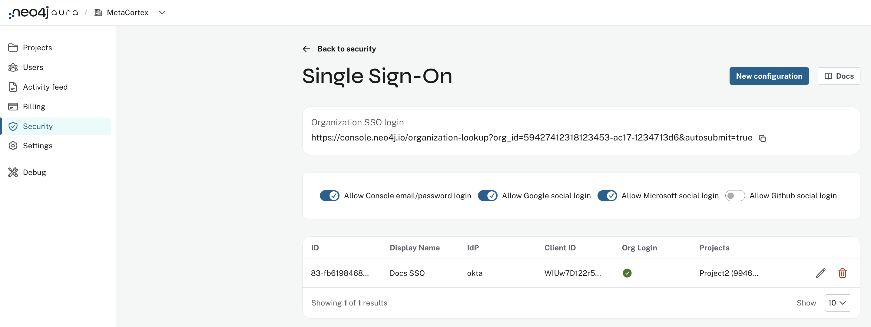 A screenshot of an example SSO set up