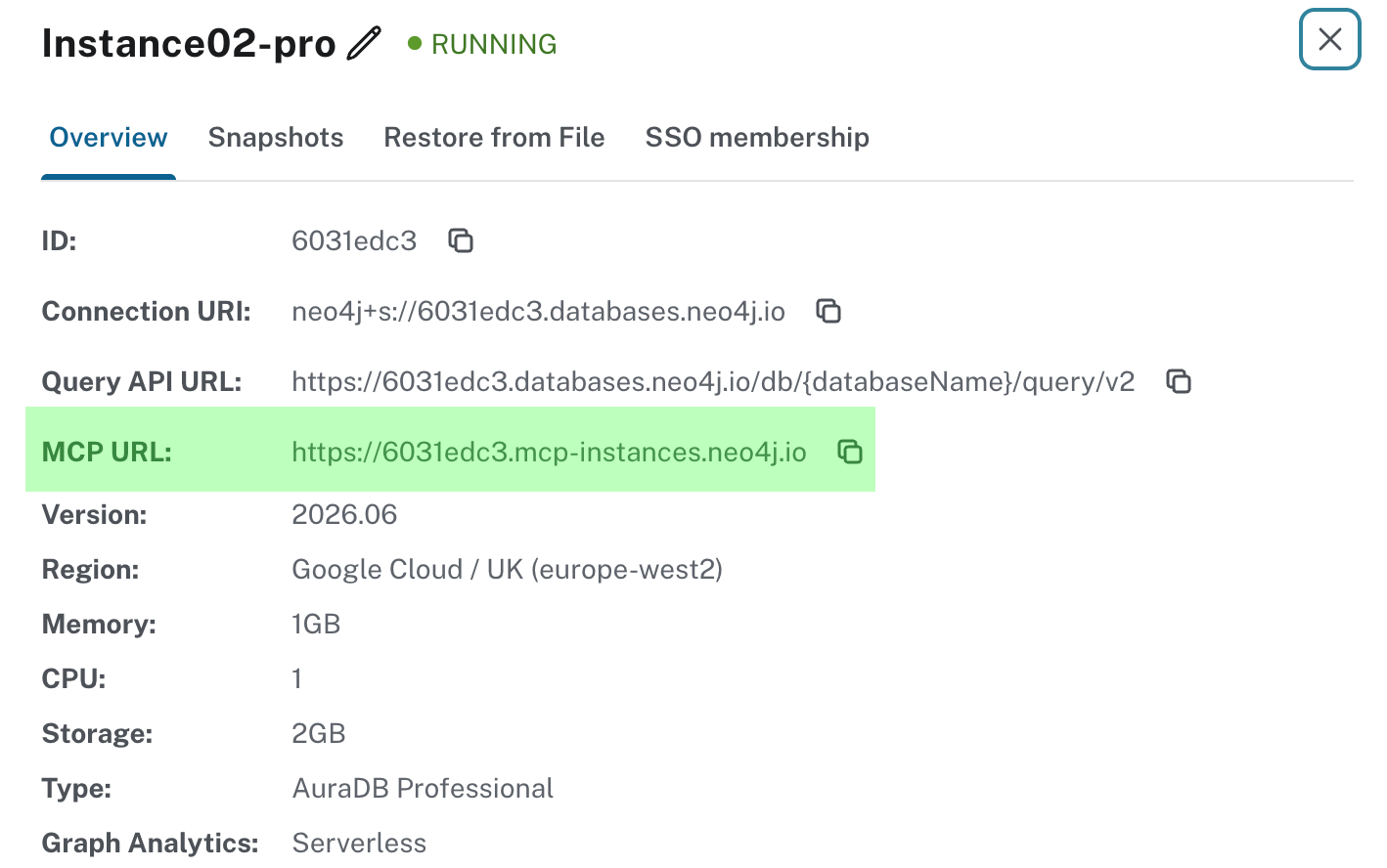 MCP URL in the instance details panel